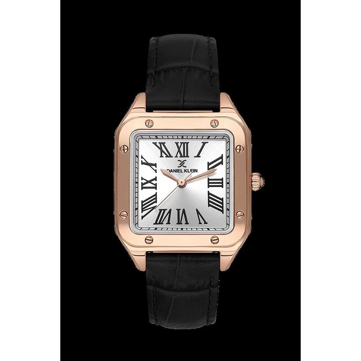 Daniel Klein DK.1.13599-6 - Horloge - Analoog - Dames - Vrouwen - Vierkant - leren band - Metaal - Romeinse Cijfers - Zwart - Rosékleurig