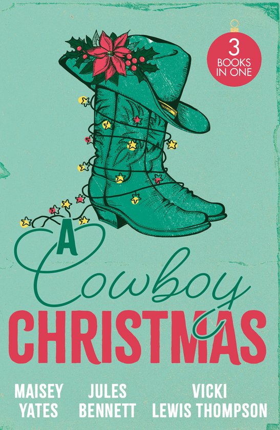 Een groene cowboylaars versierd met kerstlichtjes en een kerstkrans, met de tekst "A Cowboy Christmas".