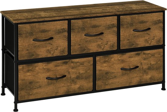 Somdot ladekast met stoffen laden, dressoir met stalen frame, commode, opbergkast voor slaapkamer, woonkamer, Zwart Roestbruin, 30D x 42B x 114,5H (5 Somdot ladekast met stoffen laden, dressoir met stalen frame, commode, opbergkast voor slaapkamer, woonkamer, Zwart Roestbruin, 30D x 42B x 114,5H (5