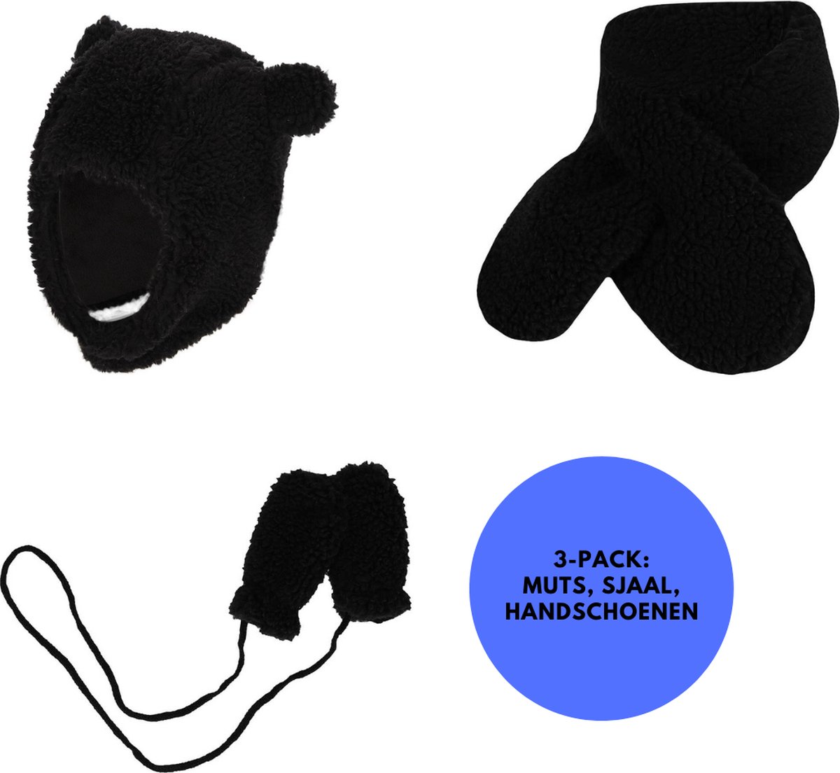 Sarlini Baby Winterset Handschoenen/Sjaal/Muts Teddy Wol 0-6 Maanden Donker Grijs