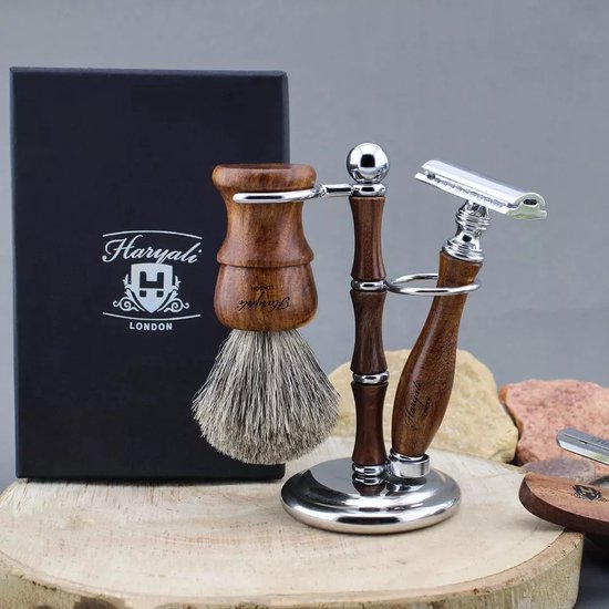 Scheerset voor mannen-DE-veiligheidsscheermes, scheerkwast en scheerstandaard, 3-delige houten scheerset voor mannen Scheren thuis en in de salon