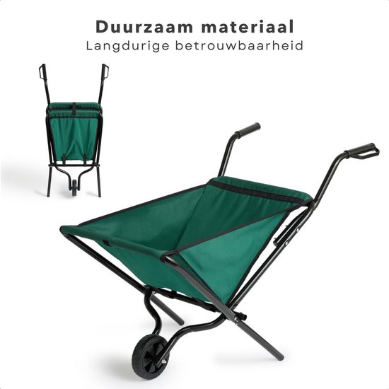 Groene opvouwbare kruiwagen met zwart frame, van voren gezien.