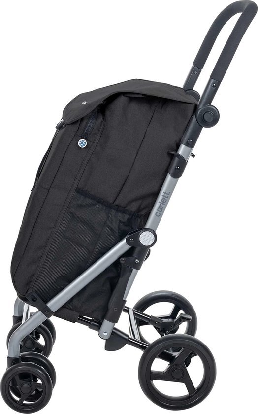 Zwarte boodschappentrolley op 4 wielen, met "carlett" logo en zijvak.