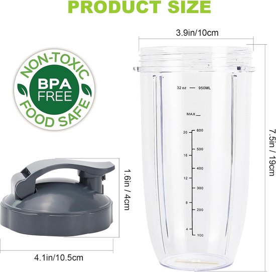 Blenderaccessoires - 4-pack - Vervangende blenderbekers voor NutriBullet-blenders - 2x 32oz-bekers met 2x opklapdeksels - 2x rubberen ringen - 1 bekerring - Blenderaccessoires compatibel met NutriBullet 600w/900w-blenders van Merkloos — afbeelding 5