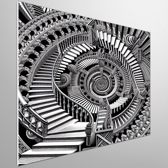 Modern escher schilderij | Visuele illusie: een eigentijdse interpretatie van Eschers meesterwerk | Kunst - 100x100 centimeter op Forex | Foto op Forex