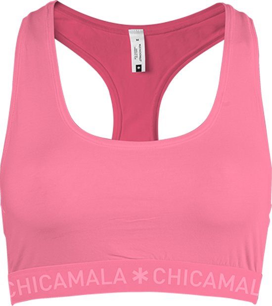Roze racerback sport BH met de merknaam CHICAMALA in de band.