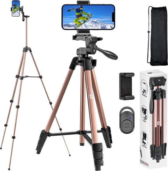 Studio ME Telefoon Statief - 136 cm - Tripod Smartphone - Rosegoud - Camera Statief - Telefoonhouder - Incl. Bluetooth Afstandsbediening - Tripod Iphone - Statief Telefoon