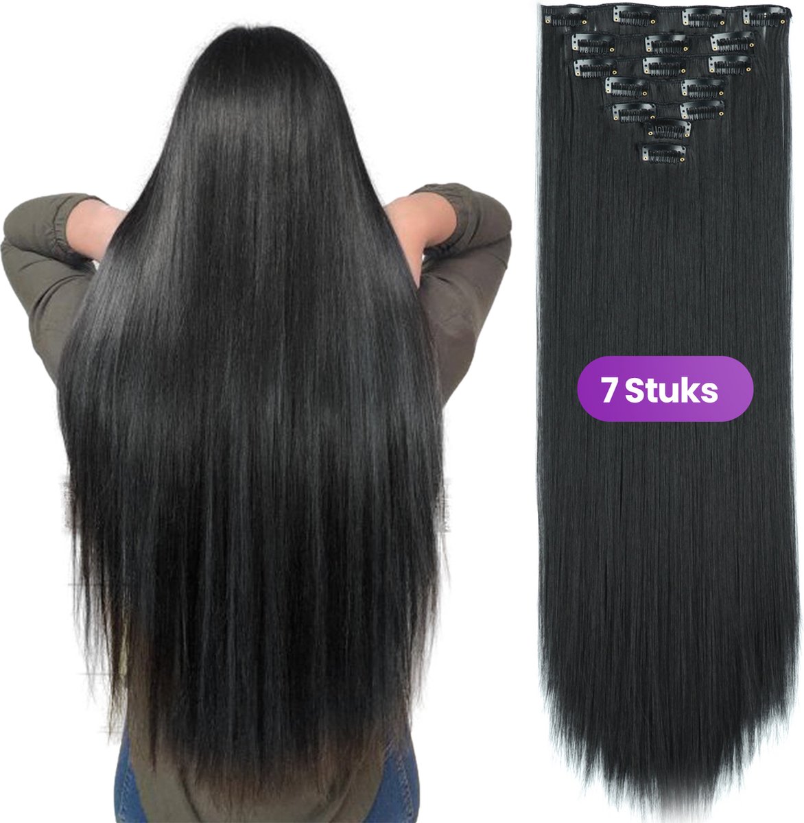 SassyGoods Haar Extensions Clip In - Hairextensions - Clip In Extensions - Extensions Clip In - Haarstuk - Nephaar - Nep Haar - Haar - Professionele Haarverlenging - Zwart - 60 cm