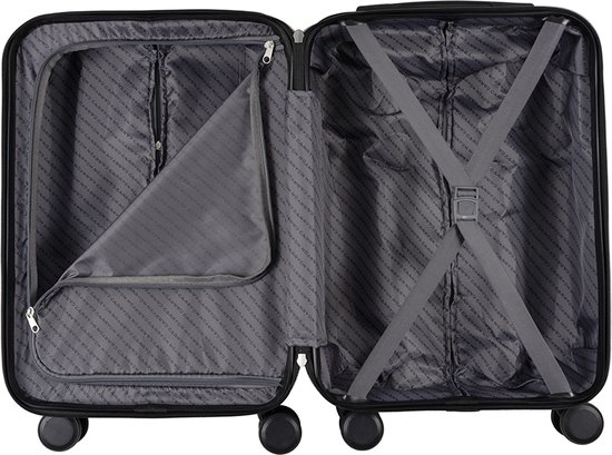 Open groene CarryOn koffer met grijze voering, elastische banden en vak met rits.