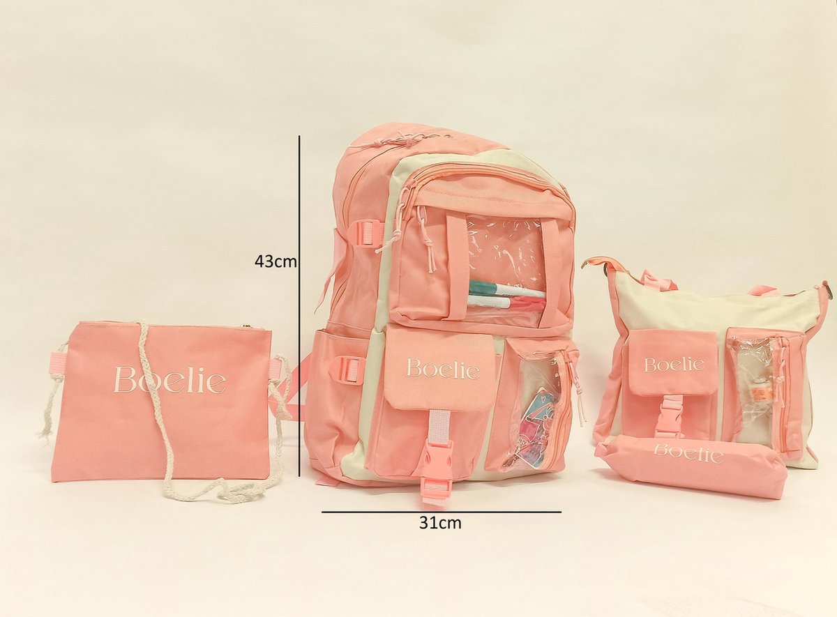 5-delige set, back to school, roze, rugtas-schoudertas-handtasje-pennenzak-geldbeugel