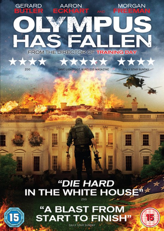 Olympus Has Fallen: een poster met het Witte Huis in vlammen, een man met een geweer en helikopters.