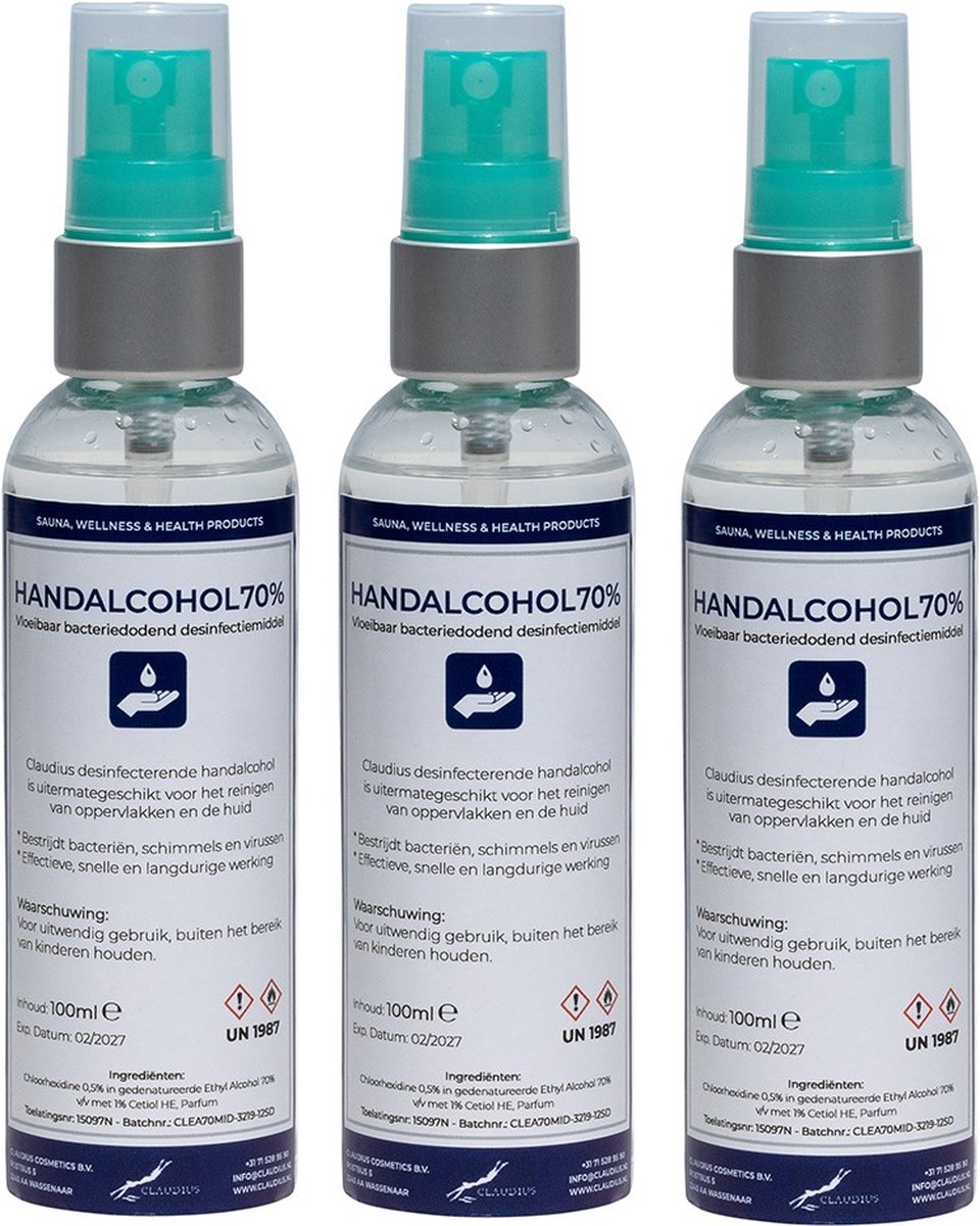 Goedkoopste Handalcoholspray 70 - 100 ml met groene verstuiverdop - set van 3 Stuks