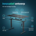 Exploded view van een zwart zit-sta bureau met de tekst "Innovatief ontwerp" en de onderdelen "Kabelbeheer", "Bedieningspaneel", "Haak" en "Flowsense stille motor".