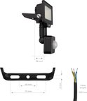 Dimensions et composants du projecteur LED Ledvion noir avec capteur.