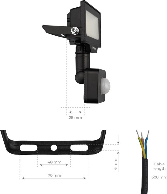 Dimensions et composants du projecteur LED Ledvion noir avec capteur.