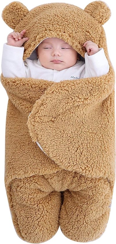 Bruine Zachte Baby Slaapzak met Klittenbandsluiting - 3-in-1 Inbakerdoek, Knuffeldeken en Wiegdeken, inbakerdoek - Geschikt voor 6-9 Maanden - FLUFFIKINS