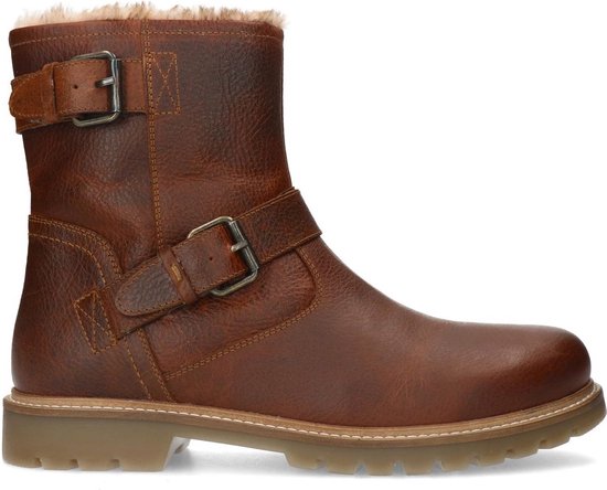 Botte style motard en cuir marron avec boucles et doublure en fourrure.