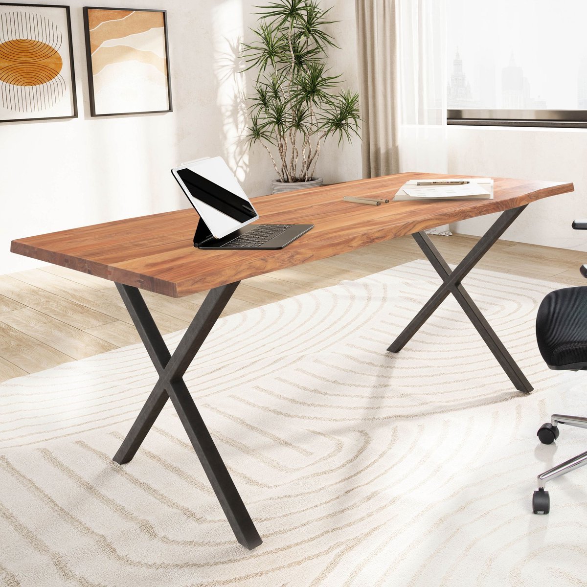 Solid Office Table - Modern Design - Natuurlijke houtnerf - Handgemaakt - Acaciahout - Metalen poten - 160cm x 80cm x 76cm