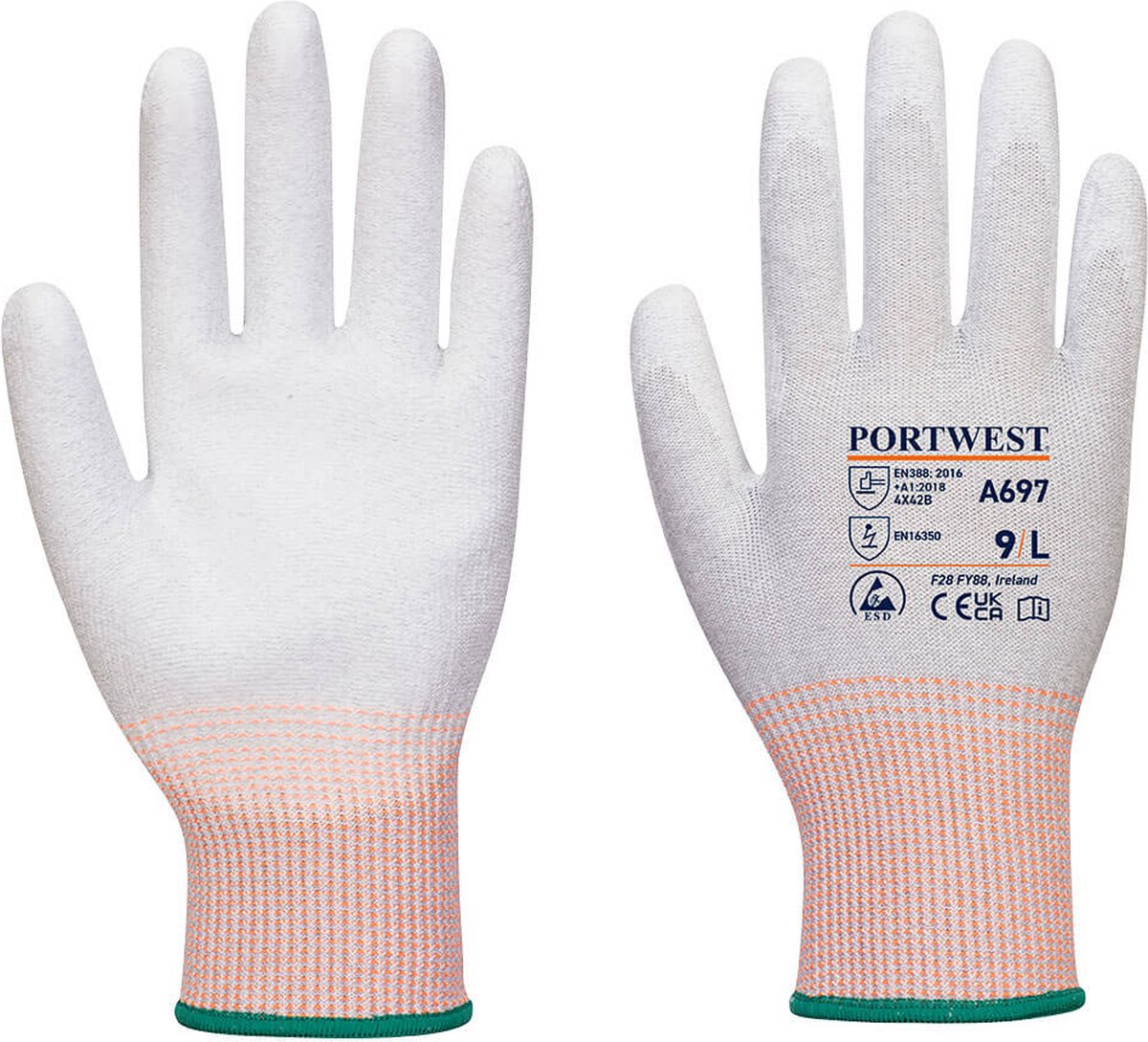 Portwest LR13 ESD PU Palm Handschoen (12 pr) - Grijs/wit - M