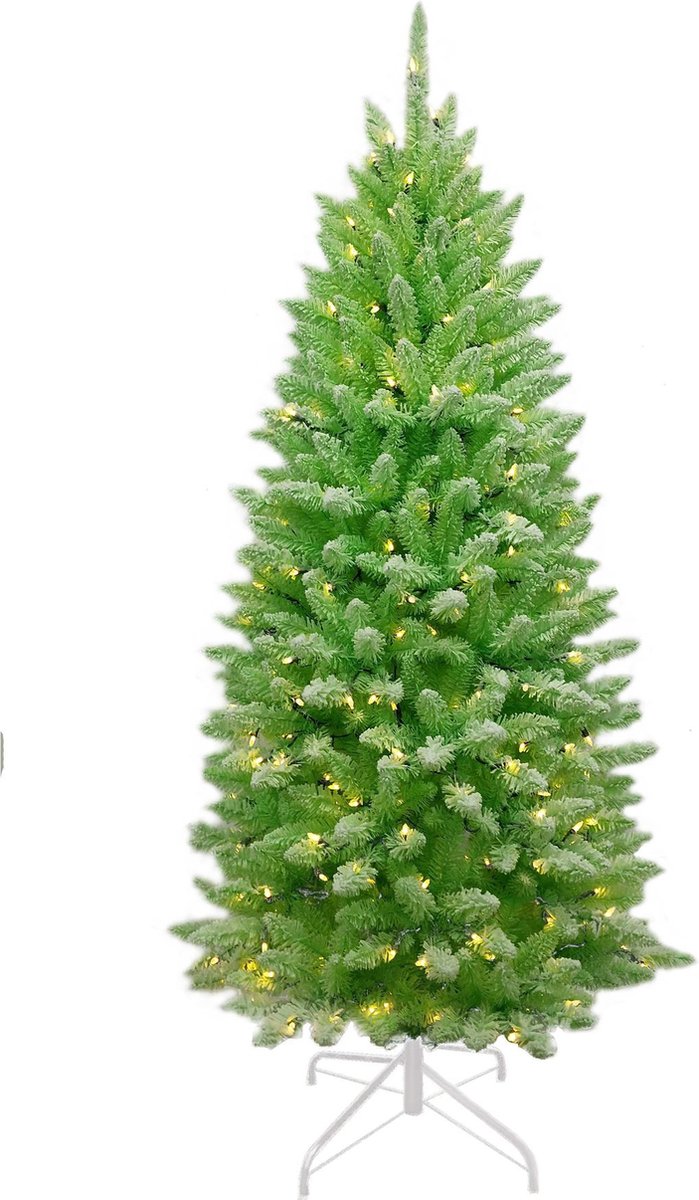 Funky Green Flocked verlichte kunstkerstboom - 183 cm - Lichtgroen geflockt - Ø91 cm - 709 tips - 300 ledlampjes (warm wit) - Besneeuwd/Frosted - Metalen voet