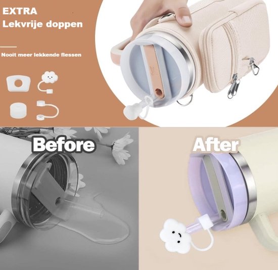 Dutchers.® Waterfleshouder geschikt voor Stanley Cup + 3x lekvrije siliconen dop - waterfles houder met riem fit 40 oz, Accessoires, waterfles tas met verstelbaar voor wandelen wandelen kamperen van Dutchers® — afbeelding 4