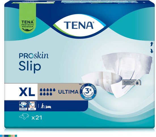 Tena Proskin Slip Ultima XL verpakking met 21 incontinentie slips. Met logo, druppelsymbool en 'FeelDry ADVANCED'.