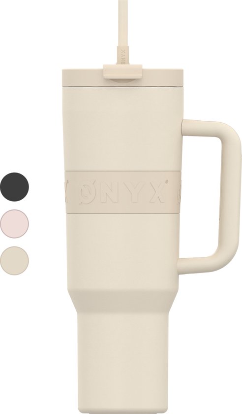ONYX Drinkfles met Rietje 1.2 Liter - Waterfles voor Kinderen & Volwassenen - Thermosbeker RVS Travel Mug - Motiverende Drinkbus - Drinkbeker voor School - Beige