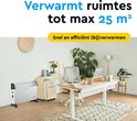 Witte convector kachel in een kantoor, kan ruimtes tot 25m² verwarmen. Snel en efficiënt.