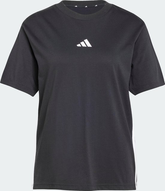 Zwarte dames t-shirt met korte mouwen, Adidas logo op borst en strepen op de zijkant.