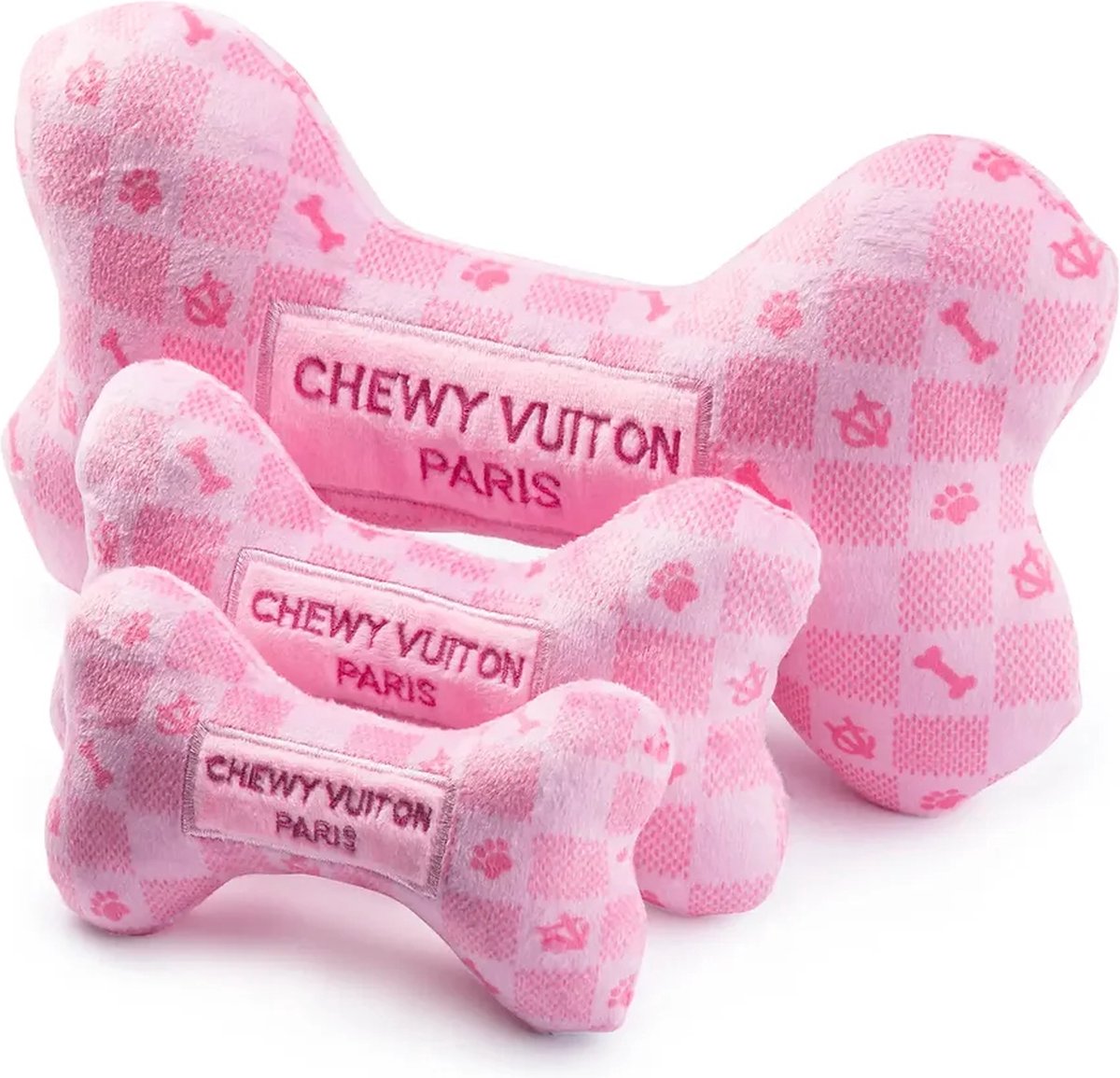Pink Chewy Vuiton Bone Squeaker hondenspeeltje XL