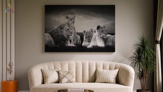 Artaza - Peinture sur Toile - Famille de Lions en Afrique - Lion - Zwart Wit - 120x80 - Groot - Photo sur Toile - Impression sur Toile