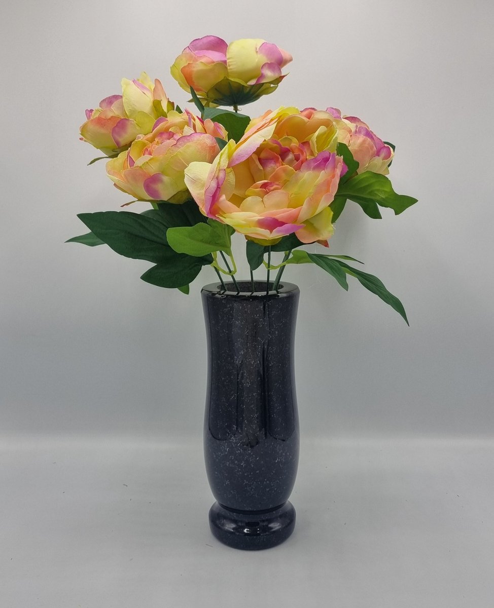 Boeket - Pioenroos - U086-m2 - 40cm - Roze Gevlamd - 7 bloemen - Grafdecoratie - Zijdenbloemen - Kunstbloemen