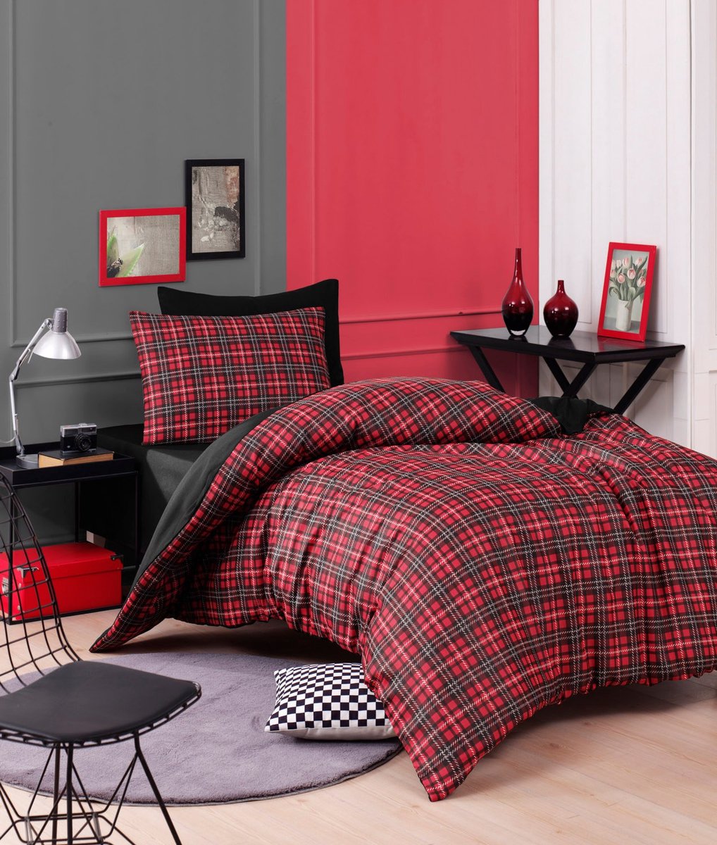 Asir | Eenpersoonsdekbedovertrekset | Rood 135 x 200 cm | Katoen/Polyester