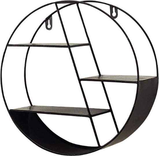 Zwart rond metalen wandrek met drie schappen en een diagonale scheidingslijn.