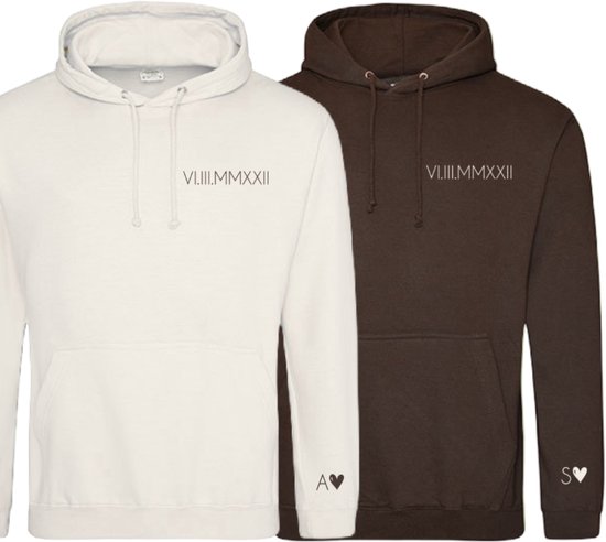 Hoodie set koppel-Hot chocolate en Vanilla milkshake setje koppel hoodies met datum in romeinse cijfers en voorletters-Maat XL