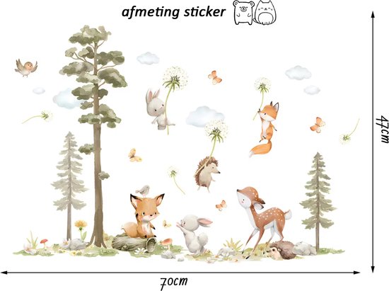 Muursticker Animaux de la Forêt et Pissenlits - 70x47cm - Animaux de la Forêt - PVC autocollant - Décoration Chambre de bébé - Chambre Enfant - Garçon - Fille