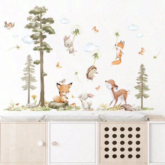 Muursticker Animaux de la Forêt et Pissenlits - 70x47cm - Animaux de la Forêt - PVC autocollant - Décoration Chambre de bébé - Chambre Enfant - Garçon - Fille