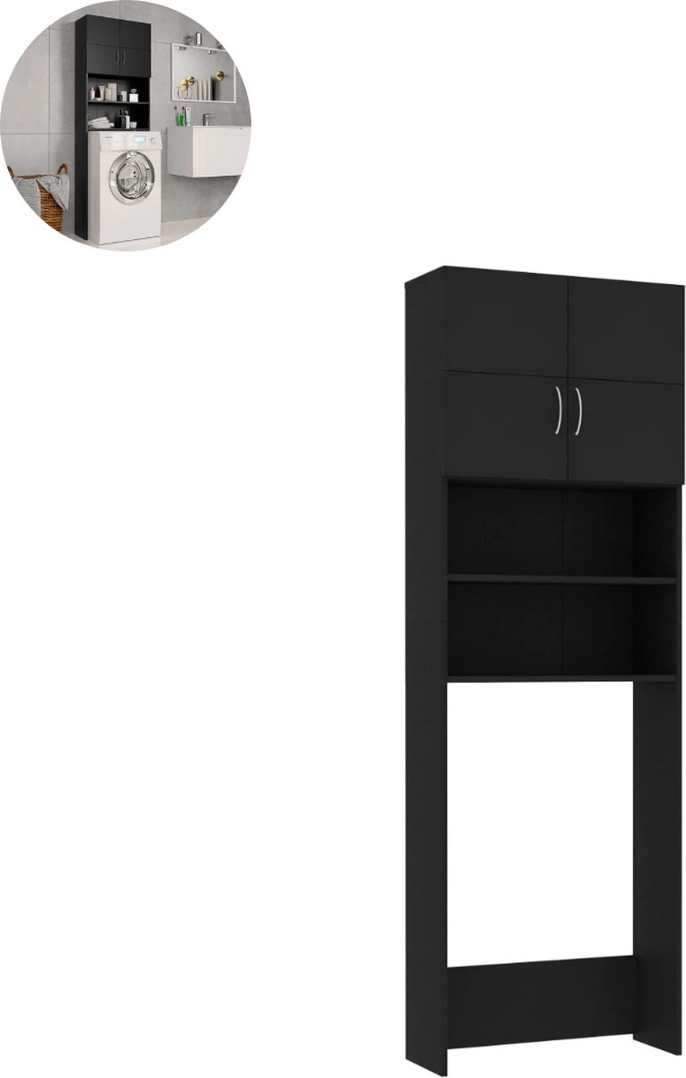 Wasmachine ombouw - Kast - Opbouwmeubel - Verhoger - Wasmachine meubel - Opbergkast - Hout - Zwart