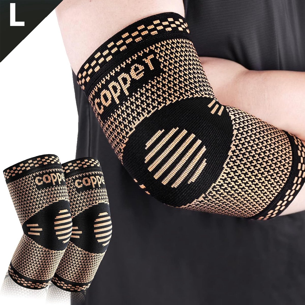 DOWO ® - Elleboog Brace - Tennisarm Brace - Koper - Brace Elleboog - Arm brace – Tenniselleboog – Armbrace - Elbow Sleeve – Sportbrace - Onderarm spalk – Zwart – 2 stuks - L