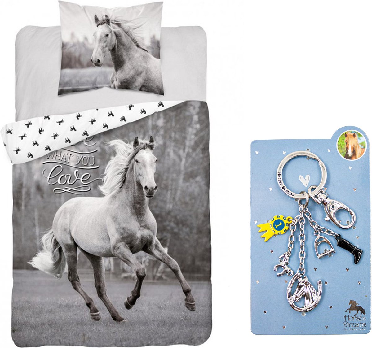 Dekbedovertrek - Love what you love - 100% katoen - 140x200 cm - zwart/wit - inclusief metalen sleutelhanger paard