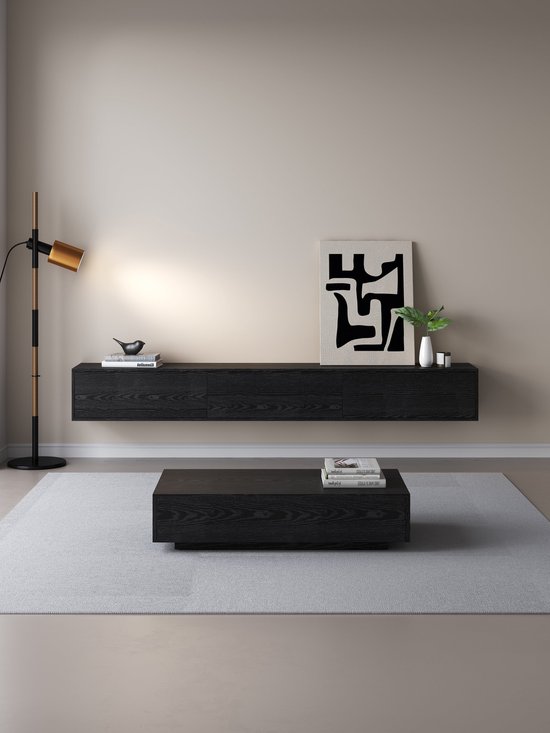 zwevend tv meubel met 2 Lades, TV Plank zwart 120/160/180/200Cm, Modern tv kast Met Kabelgeleiding, Woonkamer Wandkast Multimedia Wandplank (C, 120CM