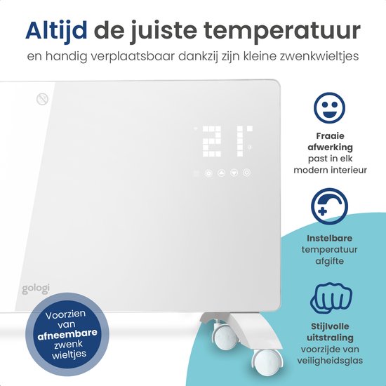 Gologi Elektrische Kachel - Verwarming elektrisch - Convectorkachel met thermostaat - Werkt via App en touch bediening - Tot 25m2 - 2000W Heater - Wit
