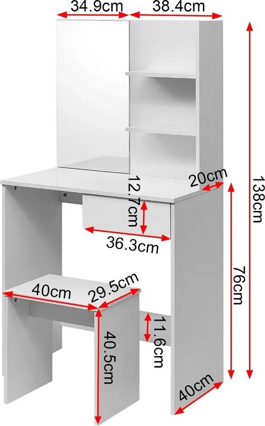 Amalee - Coiffeuse - Wit - Avec miroir - Avec tiroirs - Tabouret inclus - Avec 2 étagères - 75 x 40 x 138 cm (L x P x H) - Table de maquillage - Pour chambre d'adolescent