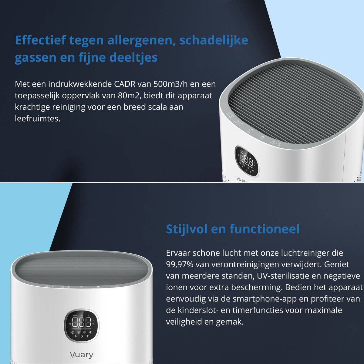 Vuary A6 Slimme Luchtreiniger - Luchtreinigers - Air purifier - Luchtreiniger met HEPA filter - Smart WiFi Bediening via App - Lage Geluidsproductie — afbeelding 2