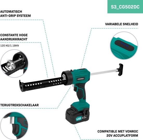 Turquoise en zwarte accusproeier met anti-drip, variabele snelheid en 20V 4.0Ah accu.