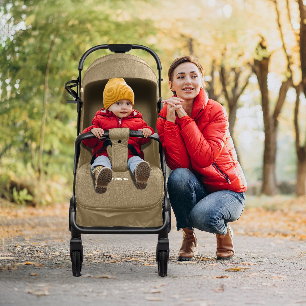 Memores Plooibuggy Khaki- Buggy Inklapbaar Inclusief Regenhoes en Bekerhouder - Peuter - Extra licht & Compact voor Vliegtuig, Auto & OV - Extra Veilig en Wendbaar door Grote Massieve Wielen - Tot 4 jaar - Kinderwagens - Wandelwagen - M1 – foto 2