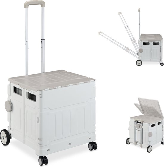 Witte opvouwbare boodschappentrolley met telescopische handgreep. Inzetstukken tonen de trolley in opengeklapte en gesloten toestand.