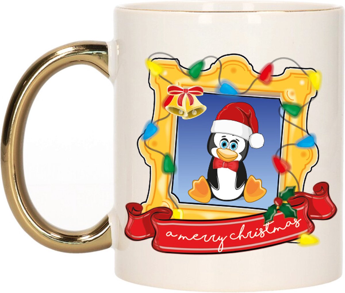 Bellatio Decorations Kerst cadeau koffiemok - kerst pinguin - goud - 300 ml - keramiek
