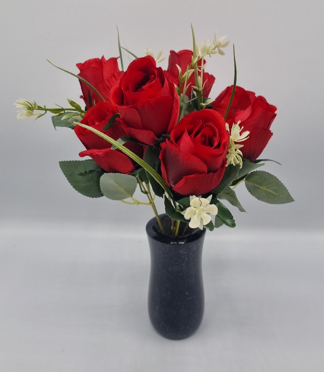 Boeket - Roos - U958-m1 - 34cm - Rood - 7 bloemen - Grafdecoratie - Zijdenbloemen - Kunstbloemen