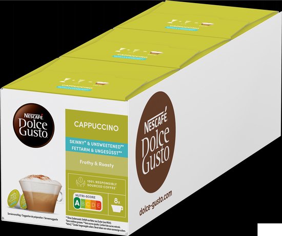 Schuin aanzicht van Nescafé Dolce Gusto Cappuccino Skinny & Unsweetened verpakking met Nutri-Score A.
